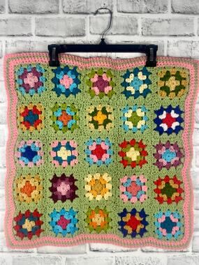 Vintage Crochet Granny Square Doll Blanket Pink Green Stroller Afghan 22inx26in